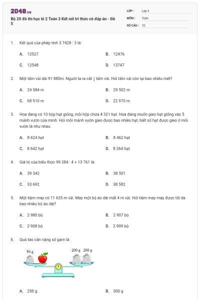 Bộ 20 đề thi học kì 2 Toán 3 Kết nối tri thức có đáp án - Đề 5