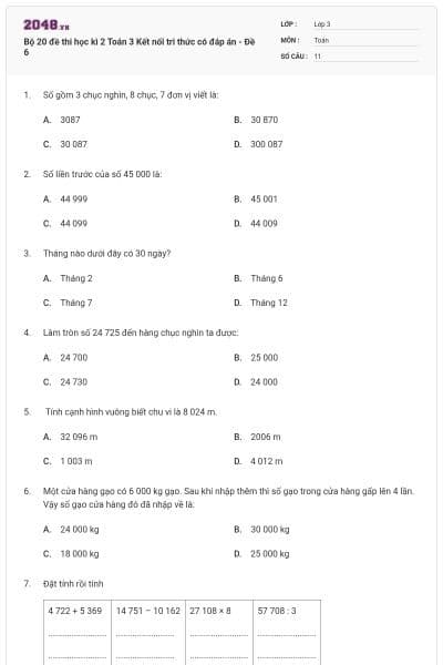 Bộ 20 đề thi học kì 2 Toán 3 Kết nối tri thức có đáp án - Đề 6