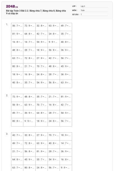 Bài tập Toán 3 Bài 2.2. Bảng chia 7, Bảng chia 8, Bảng chia 9 có đáp án