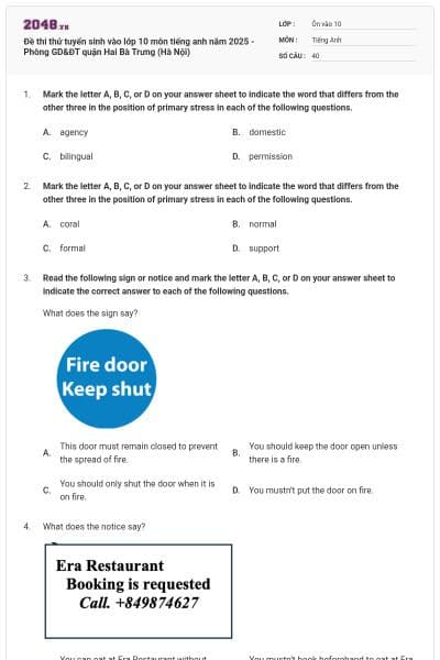 Đề thi thử tuyển sinh vào lớp 10 môn tiếng anh năm 2025 - Phòng GD&ĐT quận Hai Bà Trưng (Hà Nội)