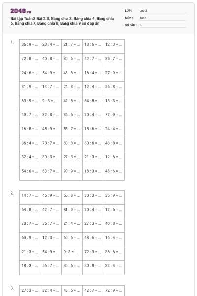 Bài tập Toán 3 Bài 2.3. Bảng chia 3, Bảng chia 4, Bảng chia 6, Bảng chia 7, Bảng chia 8, Bảng chia 9 có đáp án