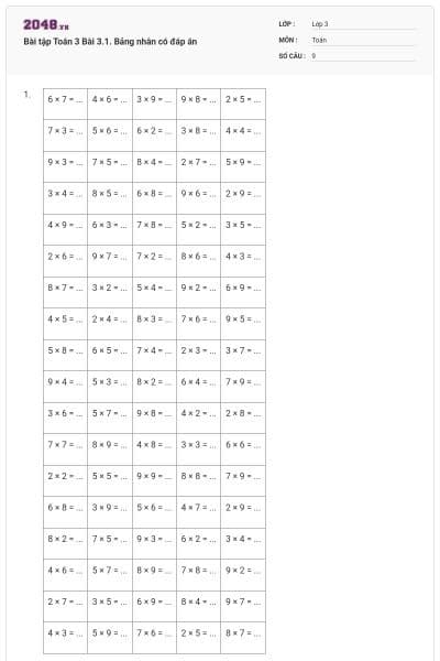 Bài tập Toán 3 Bài 3.1. Bảng nhân có đáp án
