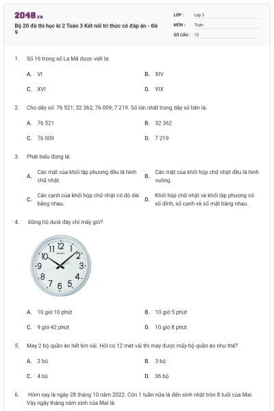 Bộ 20 đề thi học kì 2 Toán 3 Kết nối tri thức có đáp án - Đề 9