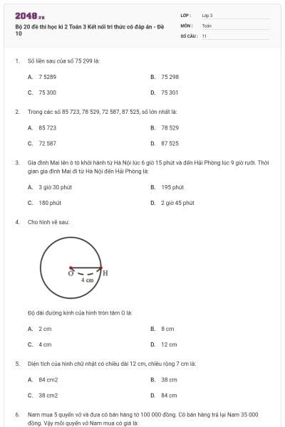 Bộ 20 đề thi học kì 2 Toán 3 Kết nối tri thức có đáp án - Đề 10