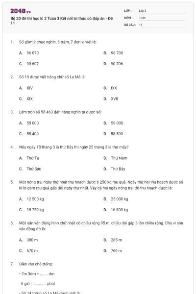 Bộ 20 đề thi học kì 2 Toán 3 Kết nối tri thức có đáp án - Đề 11