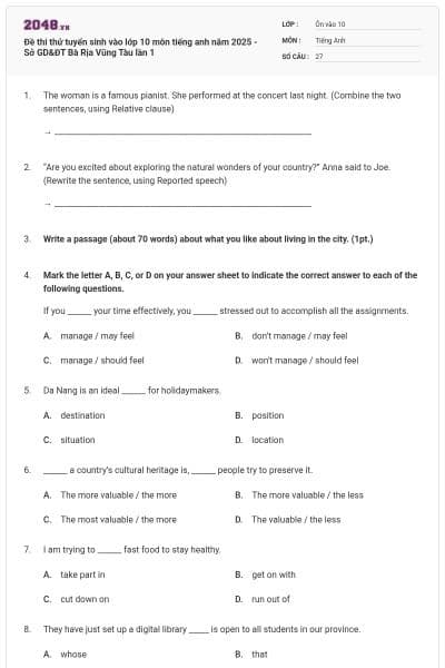 Đề thi thử tuyển sinh vào lớp 10 môn tiếng anh năm 2025 - Sở GD&ĐT Bà Rịa Vũng Tàu lần 1