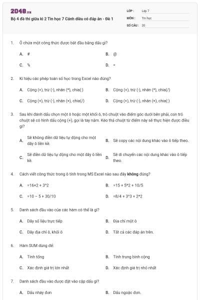 Bộ 4 đề thi giữa kì 2 Tin học 7 Cánh diều có đáp án - Đề 1