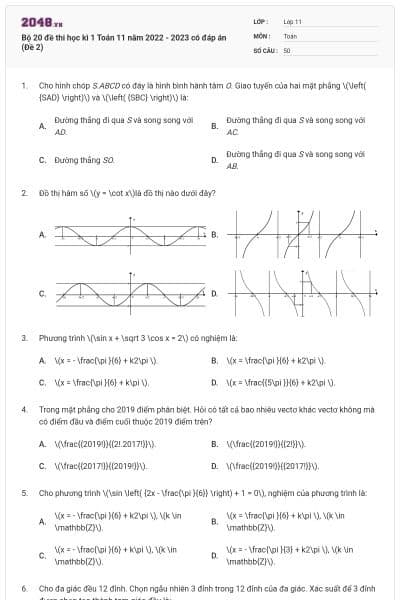 Bộ 20 đề thi học kì 1 Toán 11 năm 2022 - 2023 có đáp án (Đề 2)