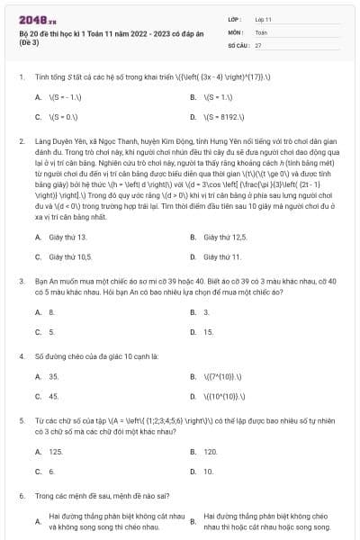 Bộ 20 đề thi học kì 1 Toán 11 năm 2022 - 2023 có đáp án (Đề 3)