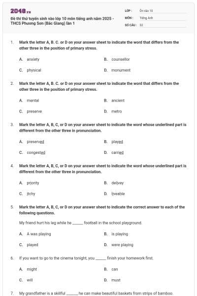 Đề thi thử tuyển sinh vào lớp 10 môn tiếng anh năm 2025 - THCS Phương Sơn (Bắc Giang) lần 1