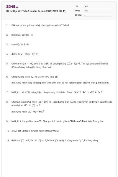 Đề thi Học kì 1 Toán 9 có đáp án năm 2022-2023 (Đề 11)