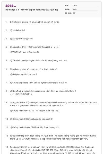 Đề thi Học kì 1 Toán 9 có đáp án năm 2022-2023 (Đề 13)