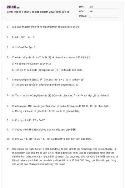 Đề thi Học kì 1 Toán 9 có đáp án năm 2022-2023 (Đề 16)