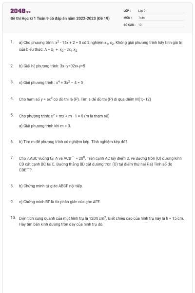 Đề thi Học kì 1 Toán 9 có đáp án năm 2022-2023 (Đề 19)