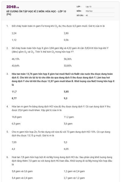 ĐỀ CƯƠNG ÔN TẬP HỌC KÌ 2 MÔN: HÓA HỌC - LỚP 10 (P4)
