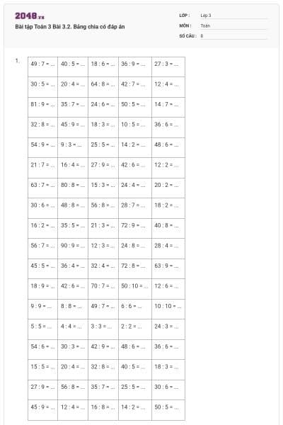 Bài tập Toán 3 Bài 3.2. Bảng chia có đáp án