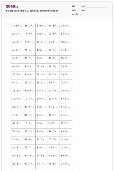 Bài tập Toán 3 Bài 3.3. Bảng cửu chương có đáp án