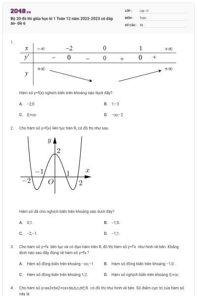 Bộ 20 đề thi giữa học kì 1 Toán 12 năm 2022-2023 có đáp án- Đề 6