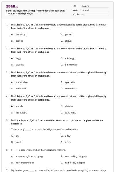 Đề thi thử tuyển sinh vào lớp 10 môn tiếng anh năm 2025 - THCS Thái Thịnh (Hà Nội)