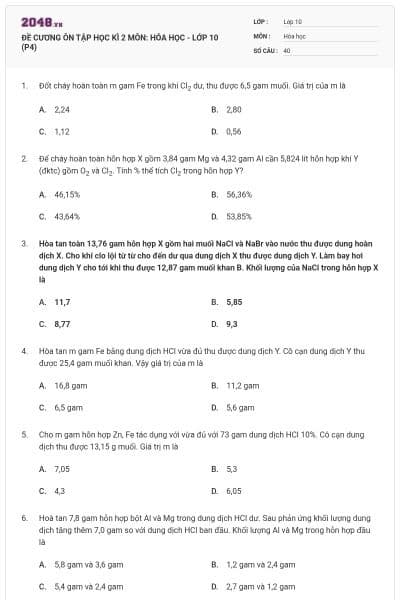 ĐỀ CƯƠNG ÔN TẬP HỌC KÌ 2 MÔN: HÓA HỌC - LỚP 10 (P4)