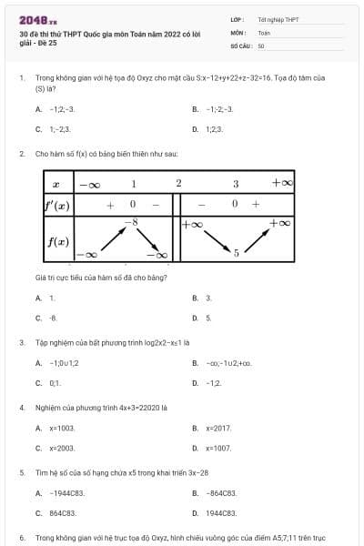 30 đề thi thử THPT Quốc gia môn Toán năm 2022 có lời giải - Đề 25