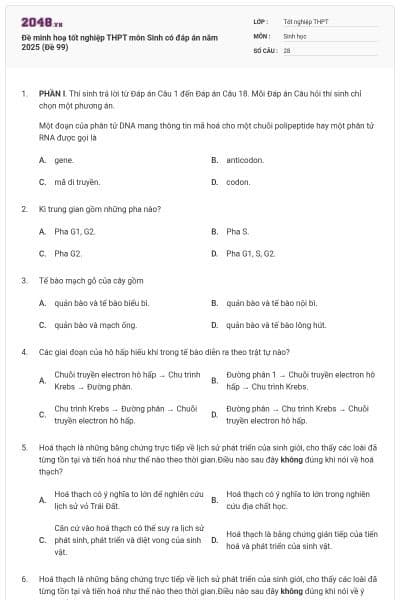 Đề minh hoạ tốt nghiệp THPT môn Sinh có đáp án năm 2025 (Đề 99)