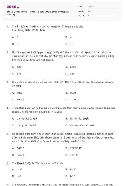 Bộ 25 đề thi học kì 1 Toán 12 năm 2022-2023 có đáp án (Đề 13)
