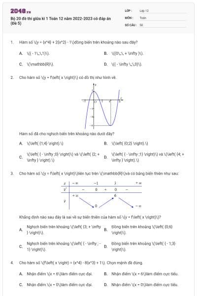Bộ 20 đề thi giữa kì 1 Toán 12 năm 2022-2023 có đáp án (Đề 5)