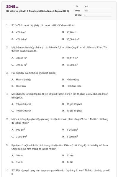 Đề kiểm tra giữa kì 2 Toán lớp 5 Cánh diều có đáp án (Đề 2)