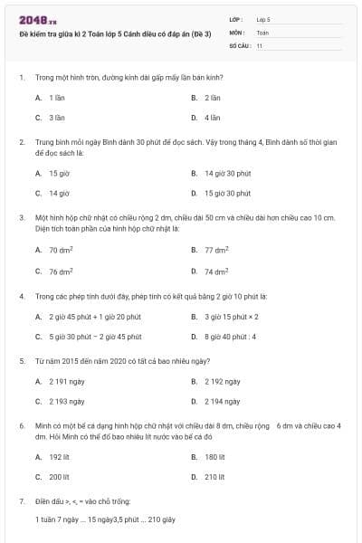 Đề kiểm tra giữa kì 2 Toán lớp 5 Cánh diều có đáp án (Đề 3)