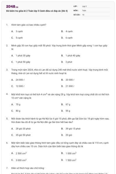 Đề kiểm tra giữa kì 2 Toán lớp 5 Cánh diều có đáp án (Đề 4)