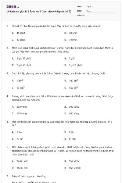 Đề kiểm tra giữa kì 2 Toán lớp 5 Cánh diều có đáp án (Đề 5)