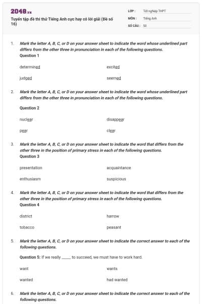 Tuyển tập đề thi thử Tiếng Anh cực hay có lời giải (Đề số 16)