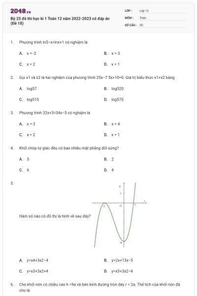 Bộ 25 đề thi học kì 1 Toán 12 năm 2022-2023 có đáp án (Đề 18)