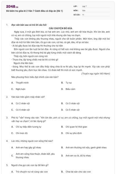 Đề kiểm tra giữa kì 2 Văn 7 Cánh diều có đáp án (Đề 1)