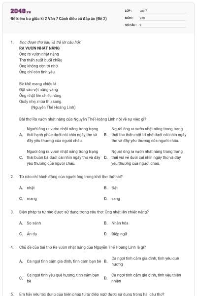 Đề kiểm tra giữa kì 2 Văn 7 Cánh diều có đáp án (Đề 2)