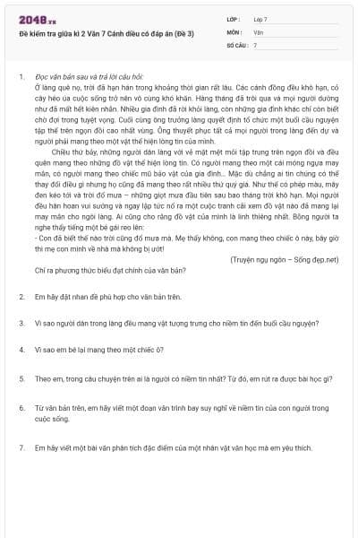Đề kiểm tra giữa kì 2 Văn 7 Cánh diều có đáp án (Đề 3)