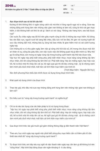 Đề kiểm tra giữa kì 2 Văn 7 Cánh diều có đáp án (Đề 4)
