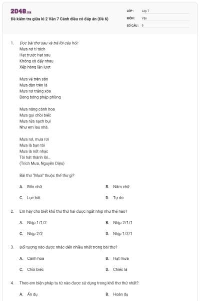 Đề kiểm tra giữa kì 2 Văn 7 Cánh diều có đáp án (Đề 6)