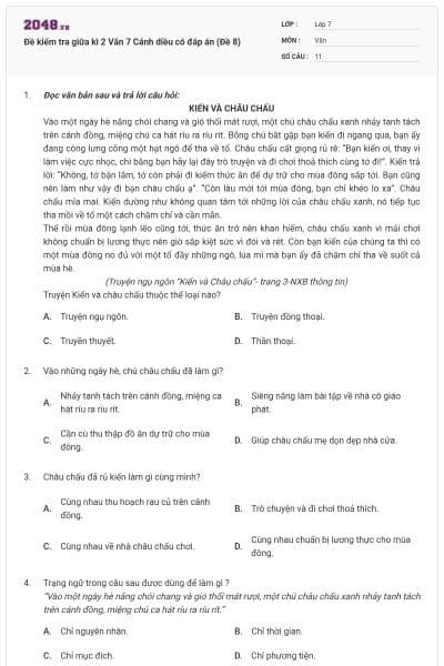 Đề kiểm tra giữa kì 2 Văn 7 Cánh diều có đáp án (Đề 8)