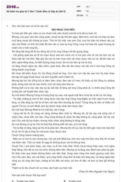 Đề kiểm tra giữa kì 2 Văn 7 Cánh diều có đáp án (Đề 9)