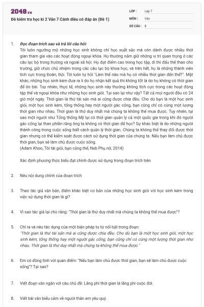 Đề kiểm tra học kì 2 Văn 7 Cánh diều có đáp án (Đề 1)