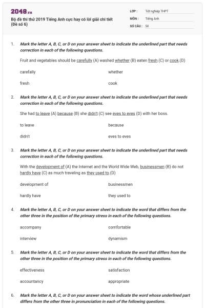Bộ đề thi thử 2019 Tiếng Anh cực hay có lời giải chi tiết (Đề số 6)