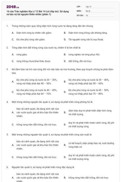 16 câu Trắc nghiệm Địa Lí 12 Bài 14 (có đáp án): Sử dụng và bảo vệ tài nguyên thiên nhiên (phần 1)