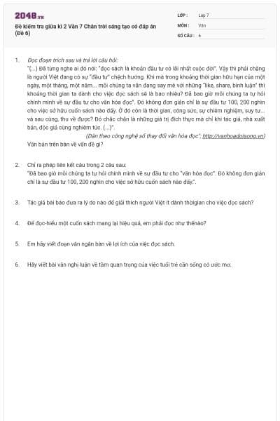 Đề kiểm tra giữa kì 2 Văn 7 Chân trời sáng tạo có đáp án (Đề 6)