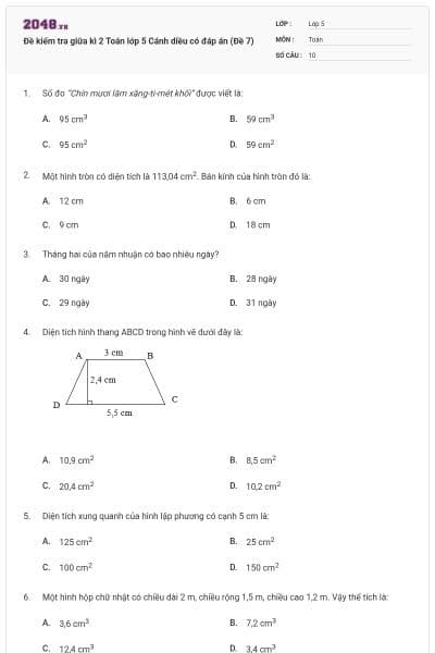 Đề kiểm tra giữa kì 2 Toán lớp 5 Cánh diều có đáp án (Đề 7)