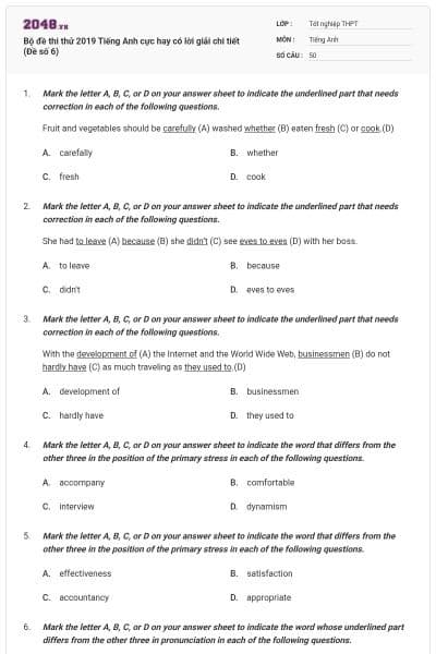 Bộ đề thi thử 2019 Tiếng Anh cực hay có lời giải chi tiết (Đề số 6)