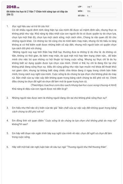 Đề kiểm tra học kì 2 Văn 7 Chân trời sáng tạo có đáp án (Đề 3)