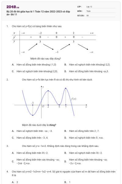 Bộ 20 đề thi giữa học kì 1 Toán 12 năm 2022-2023 có đáp án- Đề 11