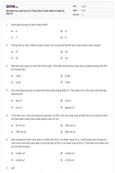 Đề kiểm tra cuối học kì 2 Toán lớp 5 Cánh diều có đáp án (Đề 4)